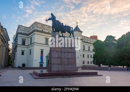 Statue du Grand-Duc Gediminas vue sur la place Katedros à Vilnius, Lituanie. Banque D'Images