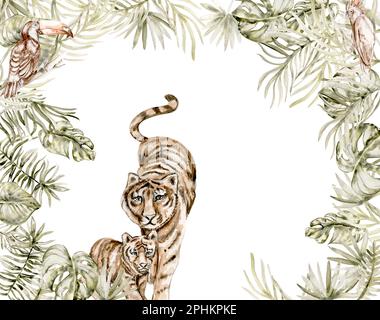 Aquarelle dessin à la main des animaux de la jungle et un branchon de palmier un fond blanc. Parfait pour la décoration d'affiche de pépinière, Banque D'Images