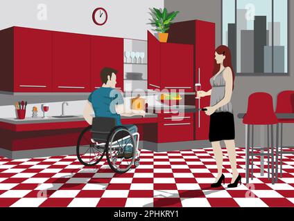 Un couple qui fait la cuisine. Un homme handicapé faisant la cuisine à la maison avec des meubles adaptés à son handicap. Concept d'inclusion. Banque D'Images