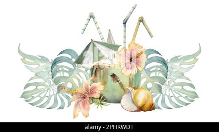 Aquarelle dessinée à la main. Cocktail de noix de coco avec parasols en papier, fleurs d'hibiscus. Isolé sur fond blanc. Décoration murale, mariage Banque D'Images