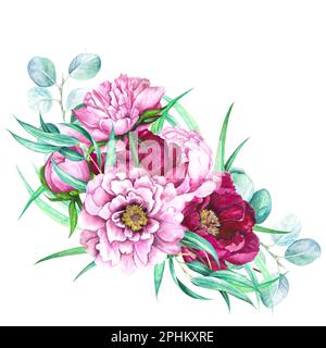 Aquarelle illustration de l'arrangement floral de péonies rose magenta avec des feuilles d'eucalyptus isolées sur fond blanc. Banque D'Images