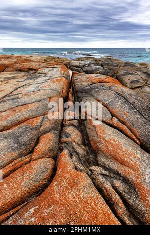 The Bay of Fires, dans le nord-est de la Tasmanie, avec des blocs de granit recouverts de lichen menant à la mer. Banque D'Images