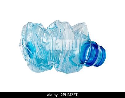 Flacon en plastique bleu vide isolé, flacon en plastique froissé, concept de pollution globale, bouteilles d'eau écrasée en PET sur fond blanc Banque D'Images