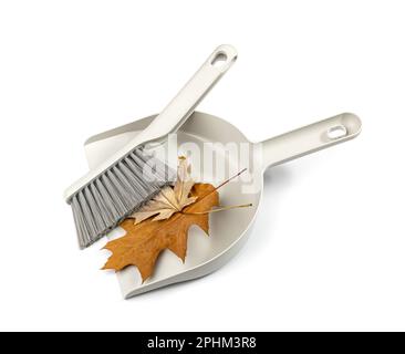Balai et pelle à poussière isolée, plastique gris avec brosse pour tapis, nettoyage des feuilles d'automne, outils de balayage sur fond blanc Banque D'Images
