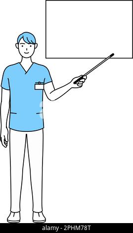 Infirmière masculine, physiothérapeute, ergothérapeute, orthophoniste, assistante infirmière en uniforme pointant vers un tableau blanc avec un indicateur stic Illustration de Vecteur