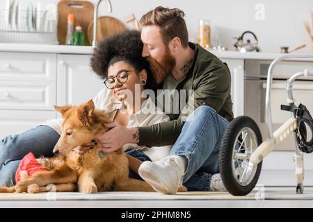 Homme tatoué embrassant la petite amie afro-américaine et le chien handicapé près d'un fauteuil roulant dans la cuisine, image de stock Banque D'Images