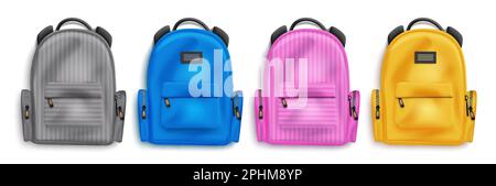 Ensemble de sacs pour la rentrée des classes. Éléments de sac à dos isolés dans un design coloré pour la collection enfant étudiant. Illustration vectorielle des fournitures scolaires. Illustration de Vecteur