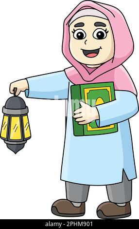 Muslim Girl with Quran Cartoon Clipart coloré Illustration de Vecteur