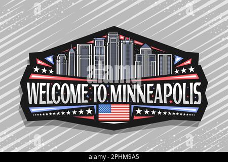 Logo Vector pour Minneapolis, étiquette décorative noire avec illustration de la célèbre ville de minneapolis sur fond de ciel crépuscule, refrige de design artistique Illustration de Vecteur