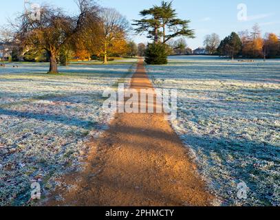 Sentier désert à Bury Knowle Park, Oxford, par un matin glacial Banque D'Images