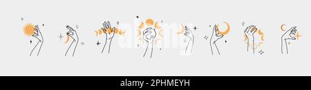 Dessin à la main vecteur résumé contour, graphique, jeu de ligne magie main humaine avec la lune et le logo d'étoile dans le style moderne minimaliste.Lune et le contour de signe d'étoile Illustration de Vecteur