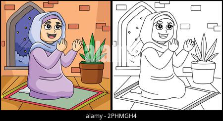 Ramadan fille musulmane priant coloriage Illustration Illustration de Vecteur