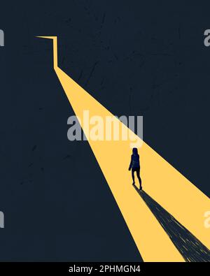 Femme fatiguée marchant jusqu'à la porte avec de la lumière dans l'obscurité totale. Collage artistique, style minimaliste Banque D'Images