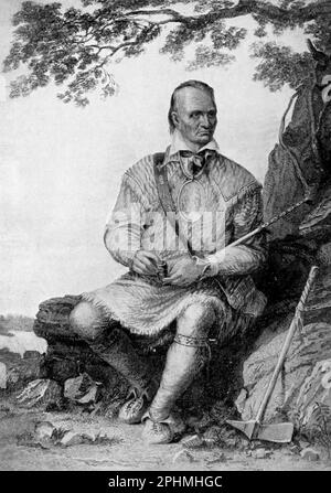 Le célèbre Indian Chief Red Jacket. Red Jacket (connu sous le nom d'Otetiani dans sa jeunesse et Sagoyewatha [Keeper Awake] sa-Go-ye-wa-tha comme adulte en raison de ses compétences oratoires) (c. 1750–20 janvier 1830) était un orateur Seneca et chef du clan des loups, basé dans l'ouest de New York. D'après le livre « The Song of Hiawatha » de Longfellow, Henry Wadsworth, 1807-1882 Date de publication 1898 Éditeur Chicago, S. C. Andrews Banque D'Images