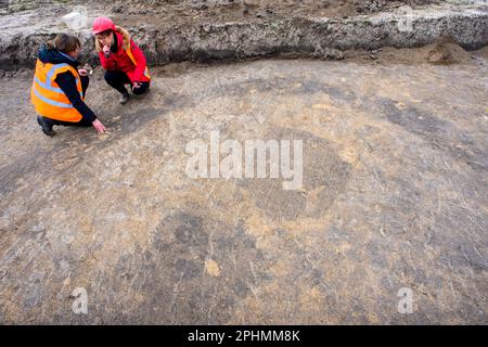 29 mars 2023, Saxe-Anhalt, A3818: Xandra Dalidowski (l) de l'Office d'Etat de Saxe-Anhalt pour la préservation des monuments et de l'Archéologie et coordinateur pour les fouilles sur le futur site de construction d'Intel et Susanne Friederich (r), Chef du Département pour la préservation des monuments archéologiques à l'Office d'Etat de Saxe-Anhalt pour la préservation des monuments et de l'Archéologie, parler d'une trouvaille dans une section de sol. L'endroit sombre à l'intérieur du demi-cercle est un lieu de sépulture à partir du temps entre 4000 ans et 2000 ans avant Christ. Le demi-cercle marque le bord de t Banque D'Images