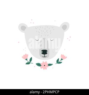 Ours polaire mignon dessiné à la main. Joli imprimé à l'ours blanc. Tête avec fleurs sur fond blanc. Art. De la pépinière de style Infantile Illustration vectorielle pour Illustration de Vecteur