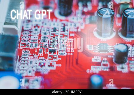 Tyumen, Russie-18 mars 2023: ChatGPT développé par OpenAI, en arrière-plan, la carte de l'ordinateur Banque D'Images