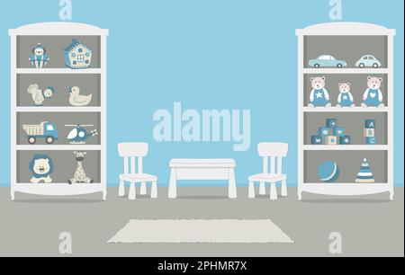 Salle de jeux. Intérieur de la chambre d'un enfant de couleur bleue. Il y a des armoires avec des jouets, une table, deux chaises sur la photo. Illustration vectorielle. Illustration de Vecteur