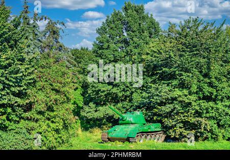 Ancien réservoir soviétique au bord d'une forêt parmi les arbres Banque D'Images