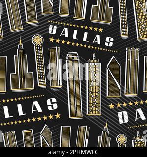 Vector Dallas Seamless Pattern, fond carré répétitif avec illustration du célèbre paysage de la ville de dallas sur fond sombre pour l'emballage du papier, décor Illustration de Vecteur