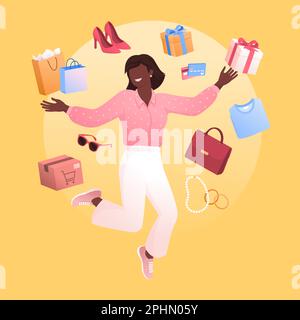 Bonne femme faisant des achats en ligne et de recevoir des achats: Achat et de livraison concept Illustration de Vecteur