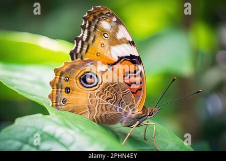 Un papillon coloré perché délicatement sur une feuille verte luxuriante, symbolisant la beauté et la fragilité de la nature, avec une toile de fond rêveuse et floue Banque D'Images