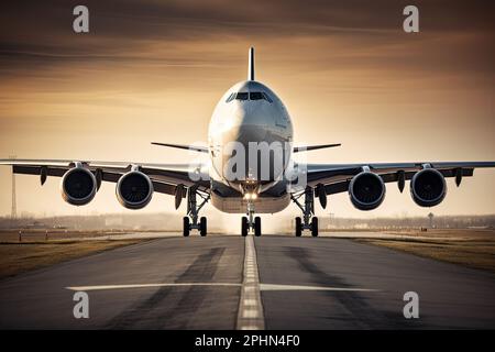 Un avion de ligne commercial qui décolle sur une piste contre un lever de soleil d'été, s'envolant vers une nouvelle destination Banque D'Images