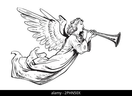 Angel voler et jouer sur le tuyau dessin à la main illustration d'esquisse Illustration de Vecteur