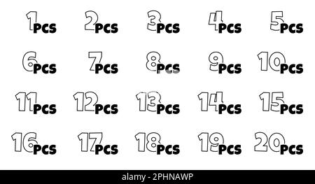 Nombre de pièces dans le jeu de paquets. De 1 à 20 pièces pour la collection d'étiquettes d'emballage. Quantité d'articles dans l'emballage du produit. Icônes de contour de style dessin animé. Illustration du vecteur eps isolée sur fond blanc Illustration de Vecteur