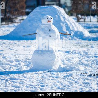 Bonhomme de neige solitaire dans un champ enneigé Banque D'Images