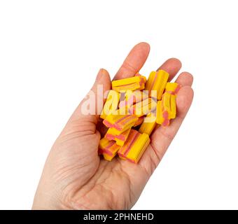 Cubes de gomme à mâcher pile isolée, ensemble de gommes à bulles de couleur de fruit, Bubblegum rose doux sur fond blanc Banque D'Images