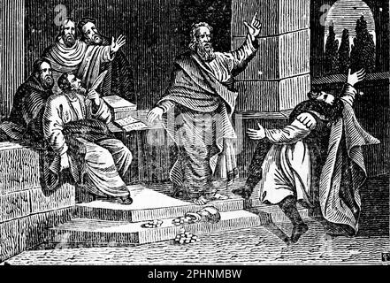 Ananias et Saphira, Saphira, sont condamnés à mort par l'apôtre Pierre pour avoir dit , les apôtres, le Nouveau Testament, bible 1831, illustration historique Banque D'Images
