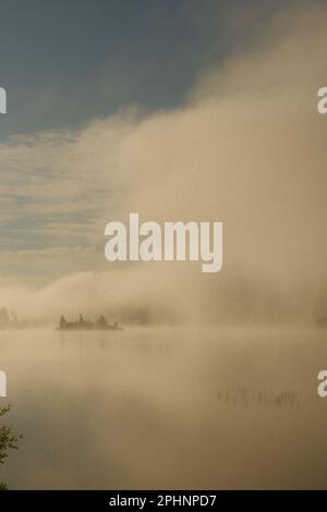 Brouillard qui survolez un lac et une île au lever du soleil Banque D'Images