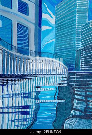 peinture acrylique du quai des canaries de londres dans les nuances de bleu Banque D'Images