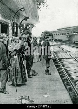 La légende de 1896 se lit comme suit : 'Scene at Station on Pennsylvania Railroad comme Garfield ambulance train passé sur son chemin à Elberon. Sur 6 septembre, le président a été démis à Elberon, NJ, dans une voiture spécialement conçue, le lit étant arrangé de manière à minimiser les secousses, c'était une journée extrêmement chaude et le train est allé très vite, le président envoyant un message à l'ingénieur pour augmenter la vitesse. Aux gares et dans les champs, des nœuds de personnes se rassemblent pour observer le passage du train, en enlevant instinctivement leur chapeau quand il est en vue." James Abram Garfield (1831-1881) a été élu le 20t Banque D'Images