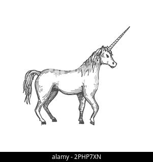 Icône d'esquisse isolée animal de conte de fées UNICORN. Vecteur mythique pegasus, cheval avec corne, mascotte heralsèche. Le licorne de rêve Illustration de Vecteur