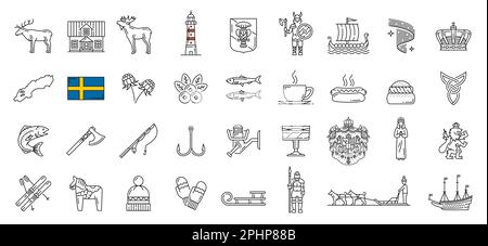 Lignes de Suède, linéart, icônes de contour. Symboles d'histoire, de nourriture et de repères suédois, pictogrammes de voyage dans les pays européens, signes de la nature. Orignal et cerf, co Illustration de Vecteur