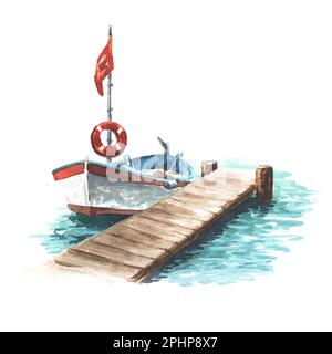 Bateau à ramer près de la jetée. Illustration aquarelle dessinée à la main isolée sur fond blanc Banque D'Images