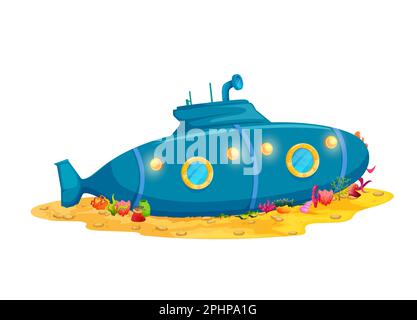 Bateau sous-marin de dessin animé, bâtiment de maison sous-marine en bateau bathyscaphe, vecteur habitation sous-marine. Un abri de rêve sous-marin dans un subma submergé Illustration de Vecteur