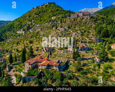 Vue panoramique sur le site archéologique de Mystras en Grèce. Banque D'Images