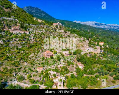 Vue panoramique sur le site archéologique de Mystras en Grèce. Banque D'Images