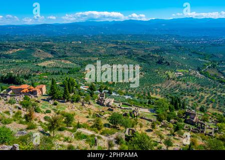 Vue panoramique sur le site archéologique de Mystras en Grèce. Banque D'Images