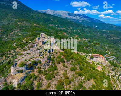 Vue panoramique sur le site archéologique de Mystras en Grèce. Banque D'Images