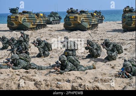 Pohang, Corée du Sud. 29th mars 2023. Les marines sud-coréennes visent des armes lors d'un exercice d'atterrissage sur la plage à Pohang, en Corée du Sud, sur 29 mars 2023. Les États-Unis et la Corée du Sud tiennent pour la première fois en cinq ans l'exercice d'assaut amphibie de Ssangyong, alors que la Corée du Nord est de plus en plus menacée. Photo de Thomas Maresca/UPI crédit: UPI/Alay Live News Banque D'Images