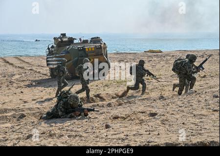 Pohang, Corée du Sud. 29th mars 2023. Des marines sud-coréennes traversent la plage lors d'un exercice d'atterrissage à Pohang, en Corée du Sud, sur 29 mars 2023. Les États-Unis et la Corée du Sud tiennent pour la première fois en cinq ans l'exercice d'assaut amphibie de Ssangyong, alors que la Corée du Nord est de plus en plus menacée. Photo de Thomas Maresca/UPI crédit: UPI/Alay Live News Banque D'Images