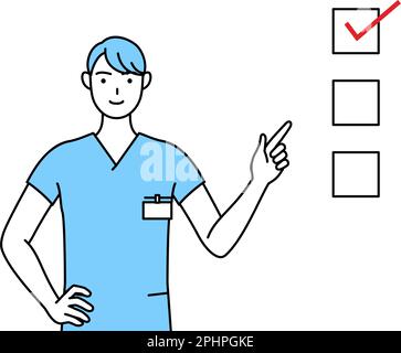 Infirmière masculine, physiothérapeute, ergothérapeute, orthophoniste, assistante infirmière en uniforme pointant vers une liste de contrôle, Illustration vectorielle Illustration de Vecteur
