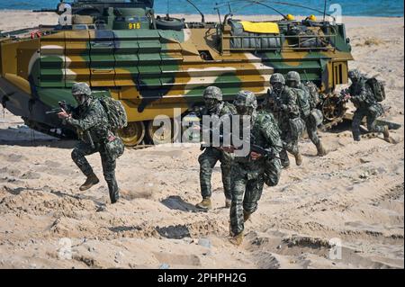 Pohang, Corée du Sud. 29th mars 2023. Des marines sud-coréennes traversent la plage lors d'un exercice d'atterrissage à Pohang, en Corée du Sud, sur 29 mars 2023. Les États-Unis et la Corée du Sud tiennent pour la première fois en cinq ans l'exercice d'assaut amphibie de Ssangyong, alors que la Corée du Nord est de plus en plus menacée. Photo de Thomas Maresca/UPI crédit: UPI/Alay Live News Banque D'Images