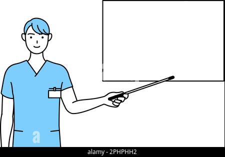 Infirmière masculine, physiothérapeute, ergothérapeute, orthophoniste, assistante infirmière en uniforme pointant vers un tableau blanc avec un indicateur stic Illustration de Vecteur