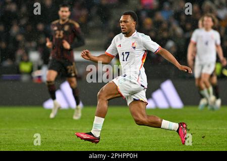 Köln , Allemagne . 28 mars 2023, lois Openda (17) de Belgique photographié lors d'un match de football amical entre les équipes nationales de l'Allemagne et de la Belgique , appelé les Red Devils , le mardi 28 mars 2023 à Cologne , Allemagne . PHOTO SPORTPIX | David Catry Banque D'Images