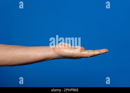 Main d'homme vide, paume vers le haut sur un fond bleu isolé. Main d'homme isolée sur fond bleu, tenir, saisir ou attraper. Paume vers le haut. Banque D'Images